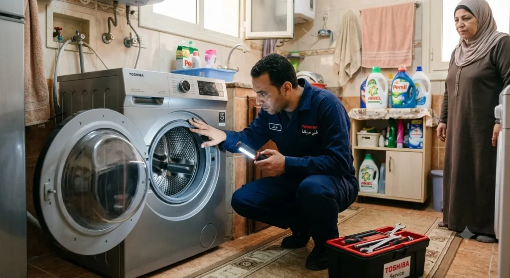 صورة توضح فني صيانة الغسالات يقوم بفحص كاوتشة باب غسالة بمطبخ العميل، العميل يقف في الخلفية